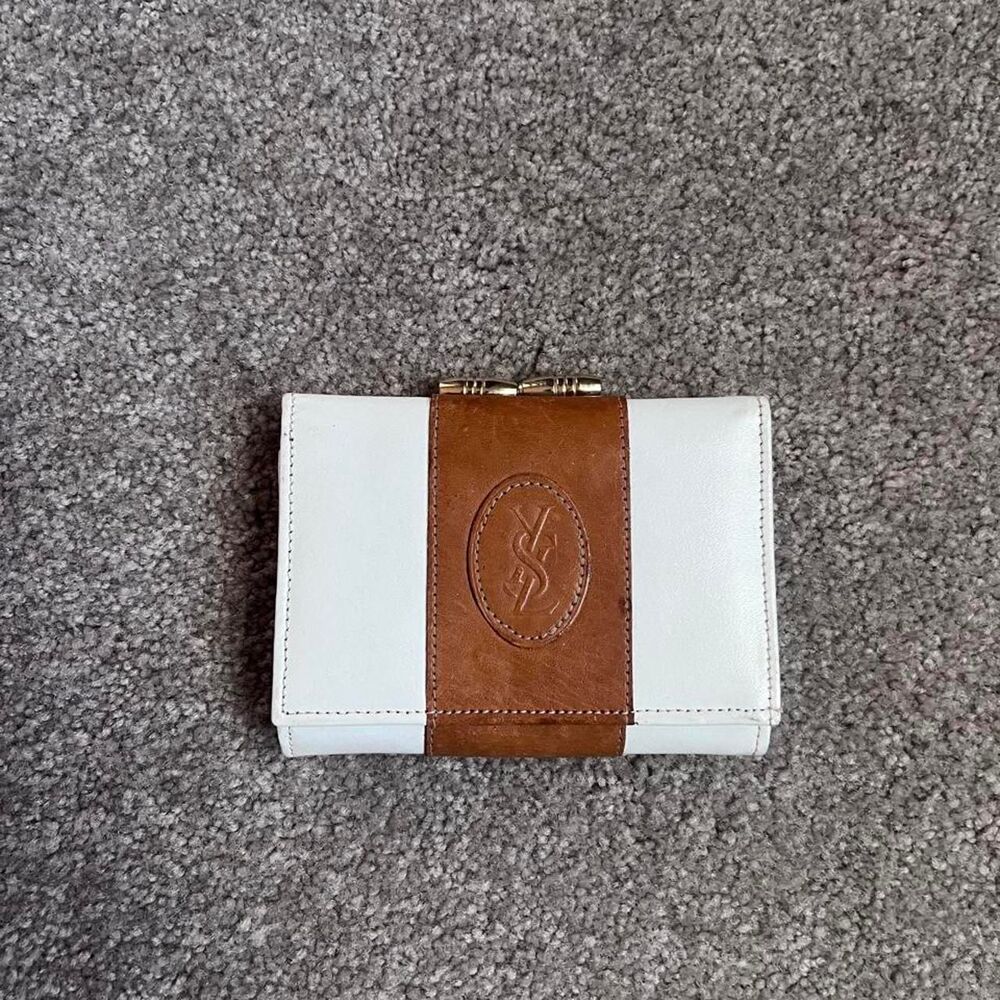 Vintage 70s Yves Saint Laurent Women's Brown and White Wallet Purse